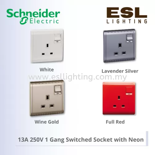 SCHNEIDER Pieno 13A 250V 1 Gang Switched Socket with Neon - E8215NC_WE_G11 E8215NC_LS_G11 E8215NC_WG_G11 E8215NC_RD_G11