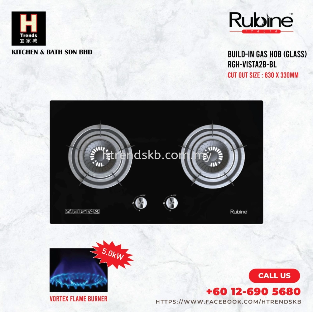 Rubine 2 Burner Build In Gas Hob (Glass) RGH-VISTA2B-BL