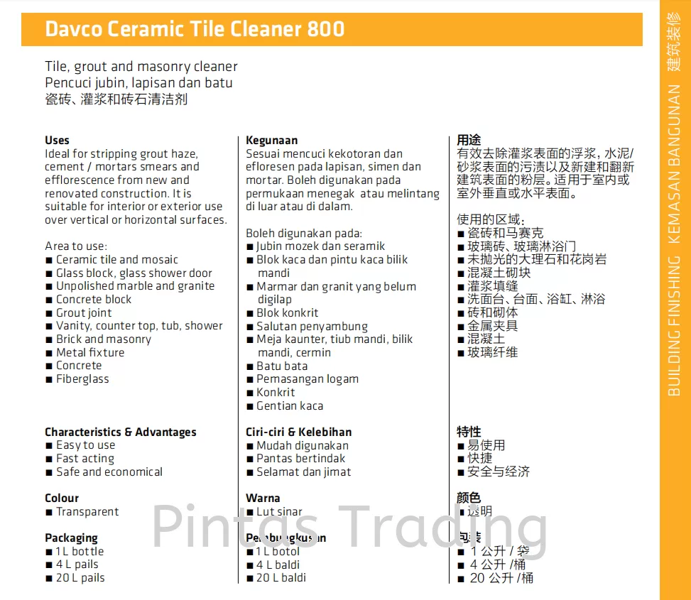 Davco Ceramic Tile Cleaner 800 | Tile, Grout & Masonry Cleaner