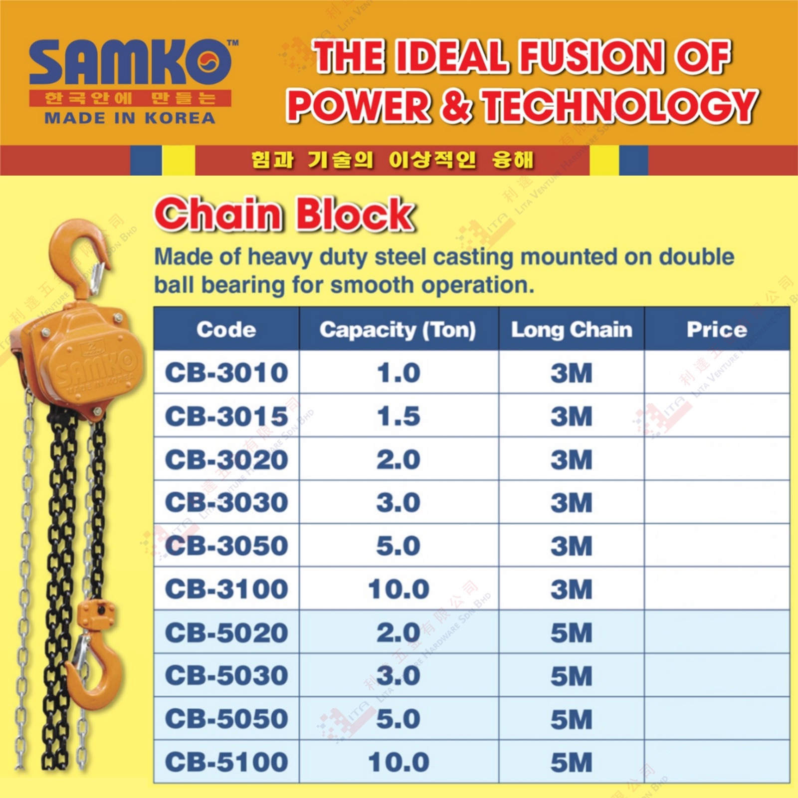 SAMKO BRAND CHAIN BLOCK - CB3010 CB3015 CB3020 CB3030 CB3050 CB3100 CB5020 CB5030 CB5050 CB5100
