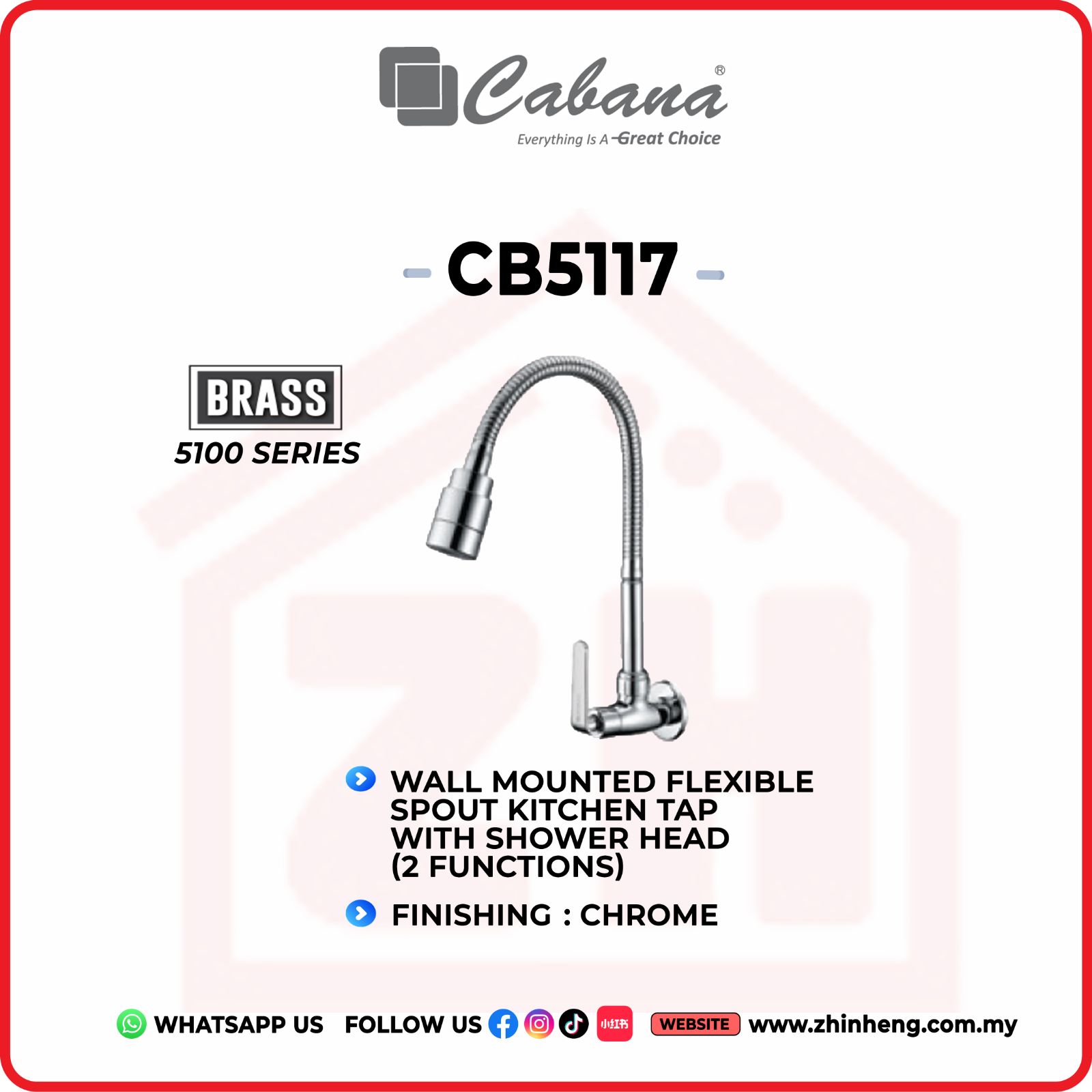 CABANA WALL MOUNTED FLEXIBLE SPOUT KITCHEN TAP CB5117