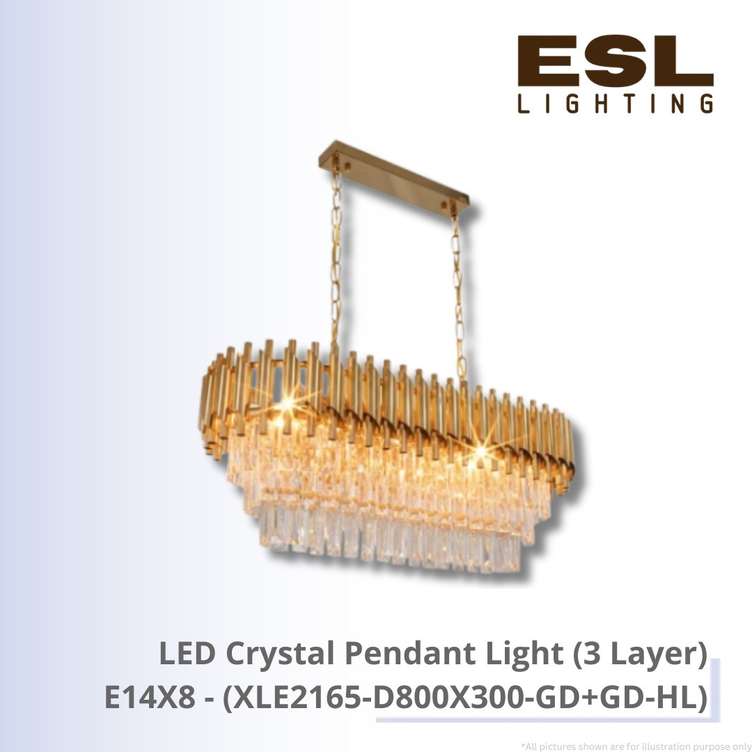 LED Crystal Pendant Light E14X8 (3Layer) - XLE2165-D800X300-GD+GD-HL