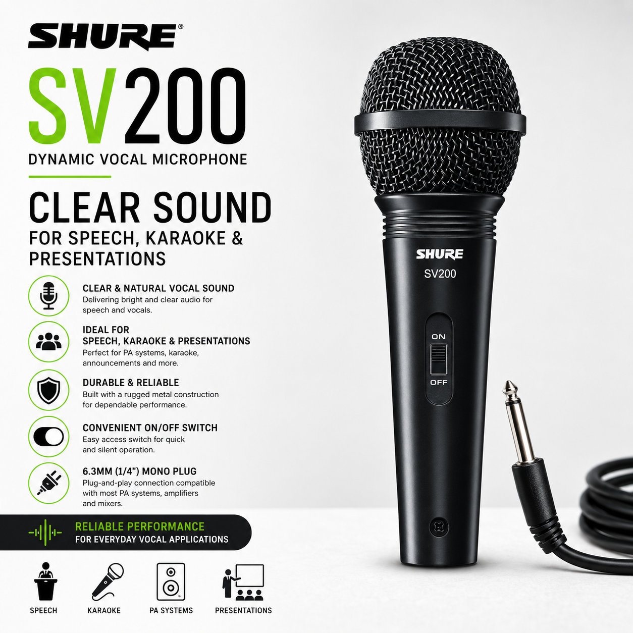 Shure SV200 Mikrofon Vokal Dinamik – Bunyi Jelas untuk Ucapan, Karaoke & Pembentangan