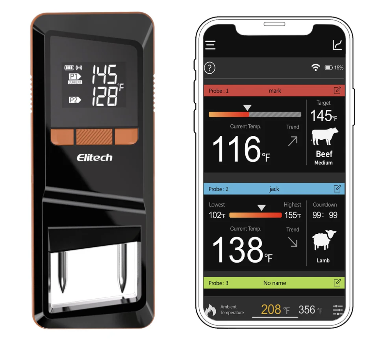 Elitech WMT-20 Wireless Smart Meat Thermometer, Dual-Probe Bluetooth Grill Thermometer with LCD Display and ToGrill App, for Oven, BBQ, Kitchen, and Outdoor Cooking,