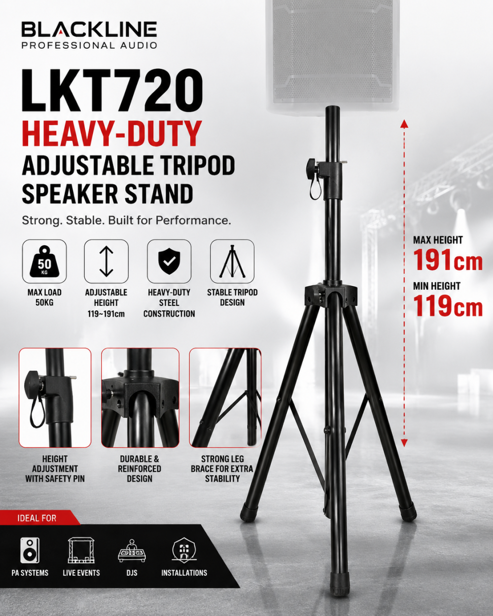 Blackline LKT720 â Heavy-Duty Adjustable Tripod Speaker Stand (Up to 50kg, Max Height 191cm)