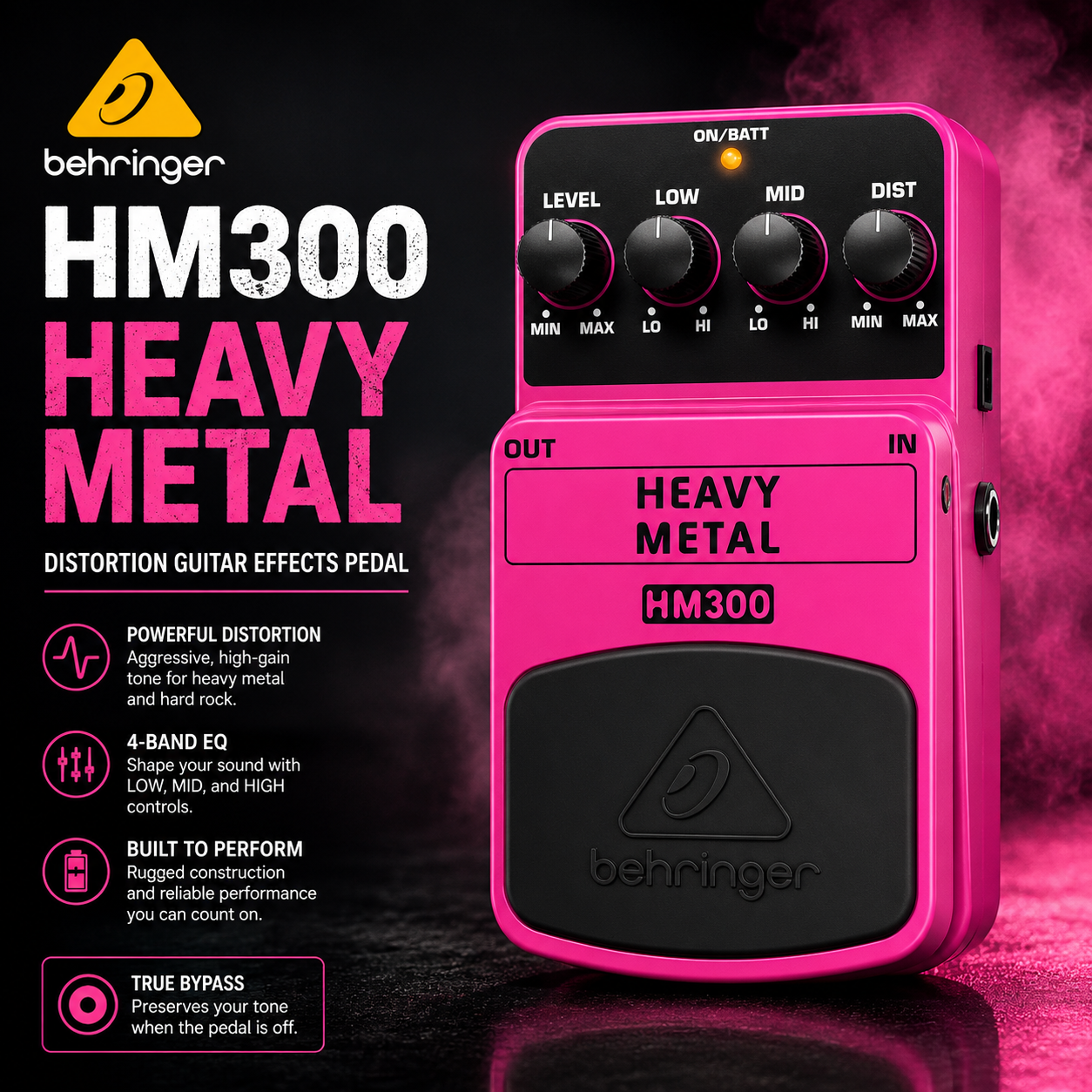 Behringer HM300 Pedal Kesan Distorsi Heavy Metal untuk Gitar Elektrik – Distortion High-Gain dengan Kawalan Nada Profesional