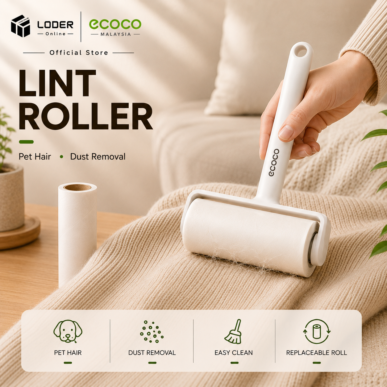 LODER ECOCO Lint Roller Dust Remover Pet Hair Remover with Tear-off Sheets Sticky Roller for Clothes Sofa Carpet