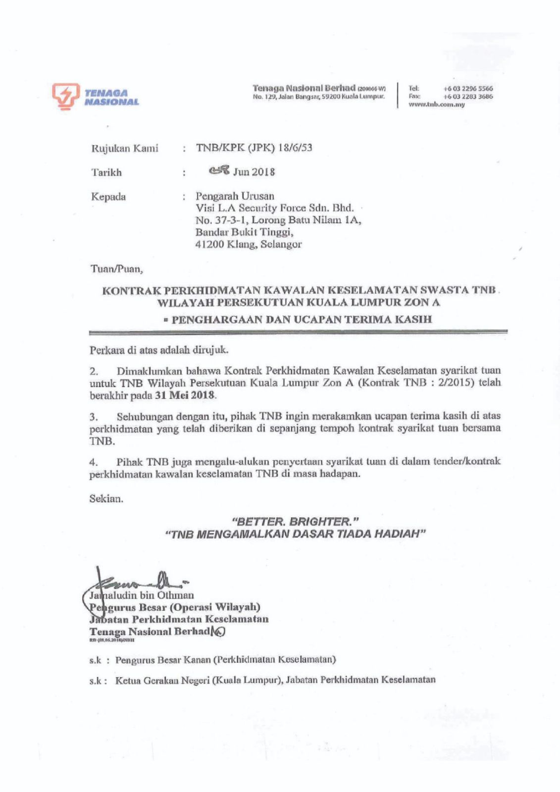 Thank You Note From TNB, Kuala Lumpur & Visi L.A. Security Force Sdn Bhd