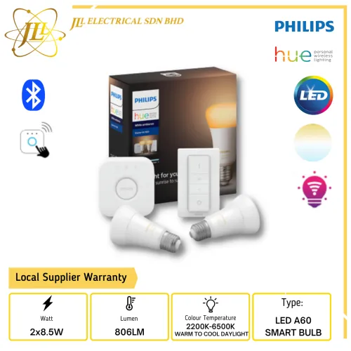 PHILIPS HUE BLUETOOTH STARTER KIT, 2*8.5W A60 E27 LED HUE SMART BULBS BLUETOOTH VERSION + HUE BRIDGE + HUE DIMMER SWITCH