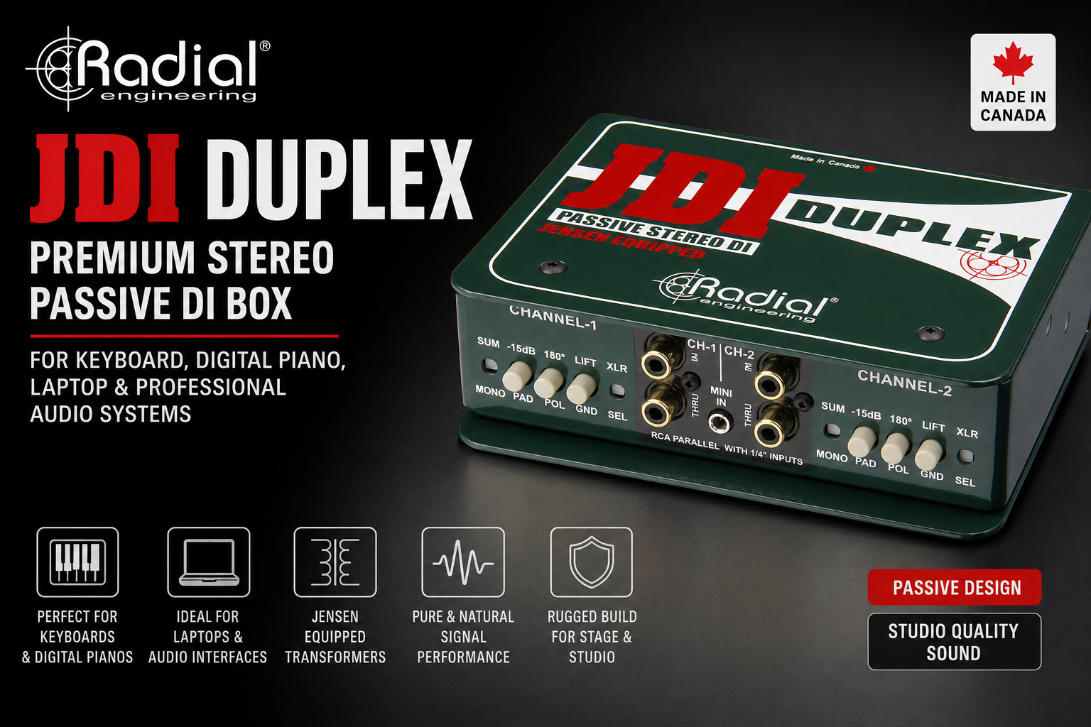 Radial Engineering JDI Duplex 高级立体声被动式DI直通盒 键盘数码钢琴连接调音台音响系统