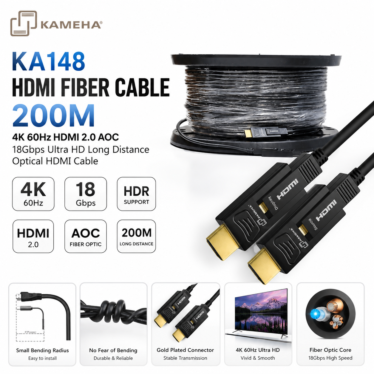 KAMEHA KA148 Kabel HDMI Fiber Optik 200 Meter 4K 60Hz HDMI 2.0 AOC Ultra HD 18Gbps Jarak Sangat Jauh