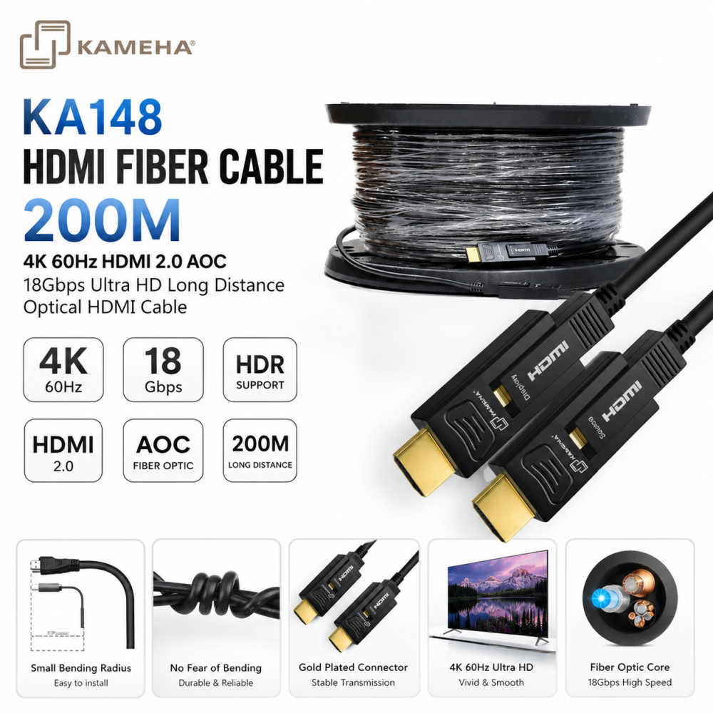 KAMEHA KA148 HDMI Fiber Cable 200M 4K 60Hz HDMI 2.0 AOC 18Gbps Ultra HD Long Distance Optical HDMI Cable