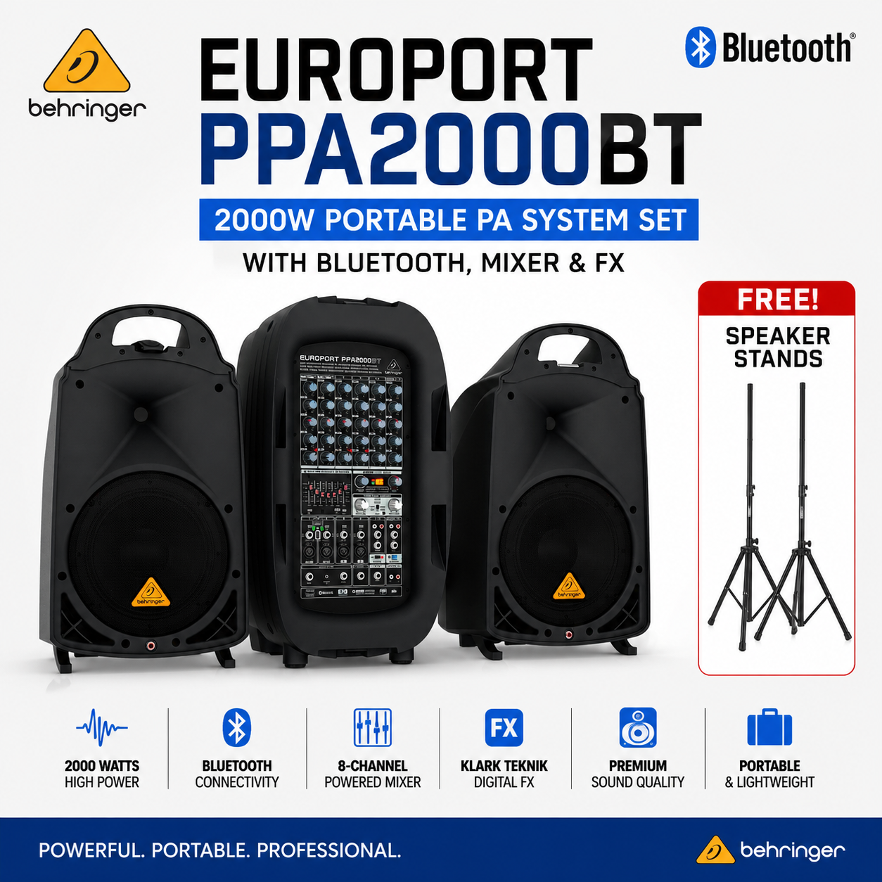 Behringer Europort PPA2000BT – Set Sistem PA Mudah Alih 2000W dengan Bluetooth, Pengadun & Efek + Kaki Speaker PERCUMA