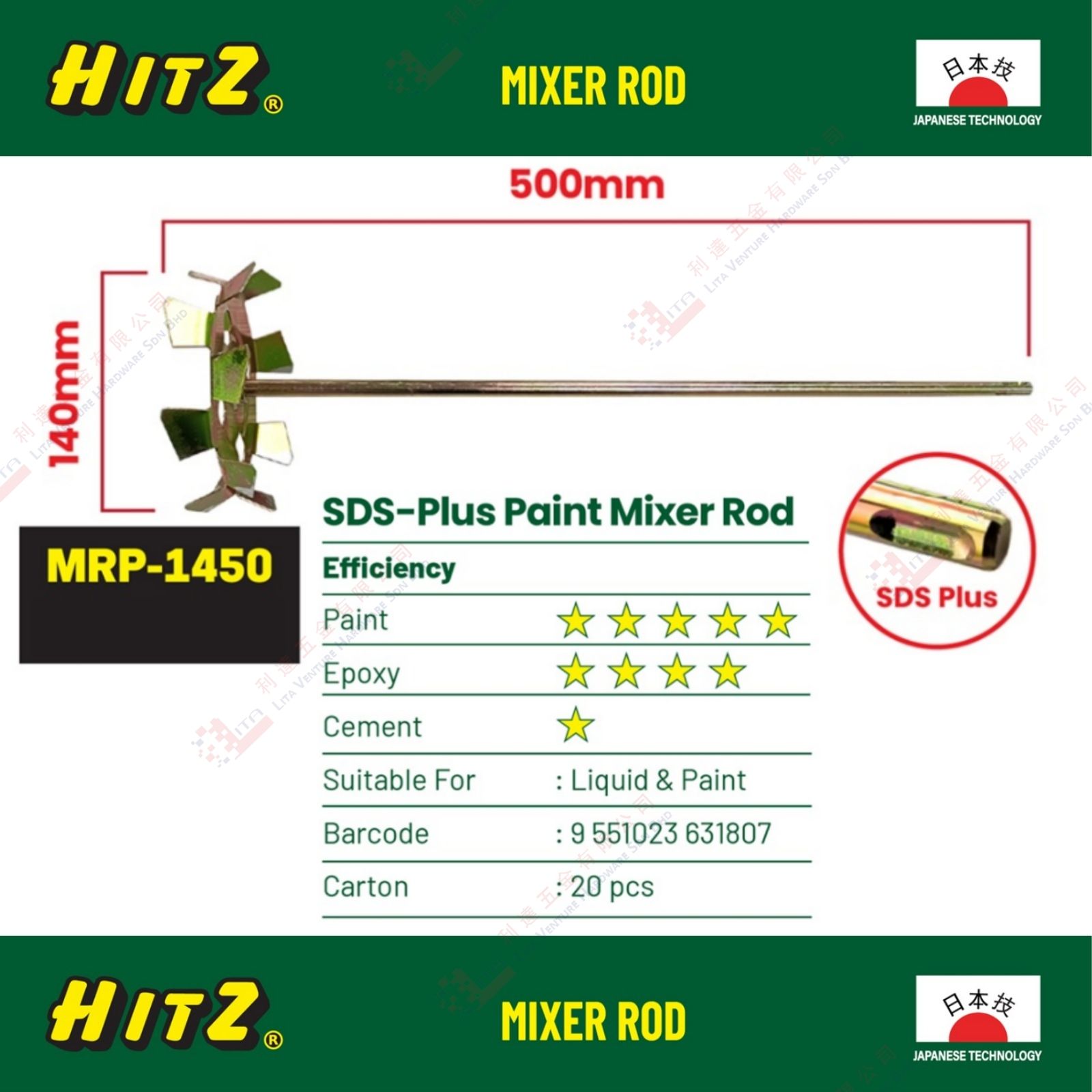 HITZ BRAND SDS PLUS PAINT MIXER ROD - MRP1450