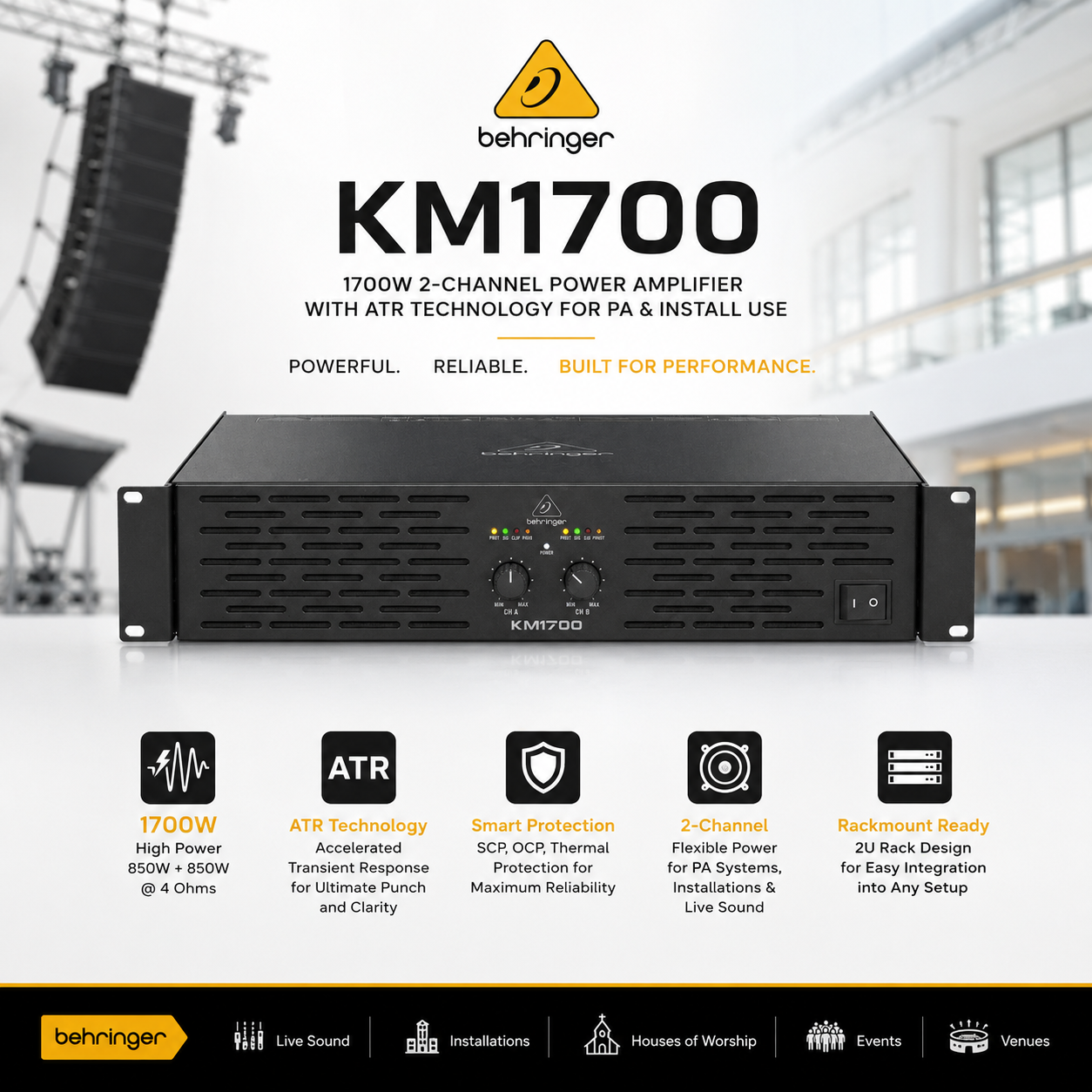 Behringer KM1700 – 1700W 2-Channel Power Amplifier with ATR Technology for PA & Install Use