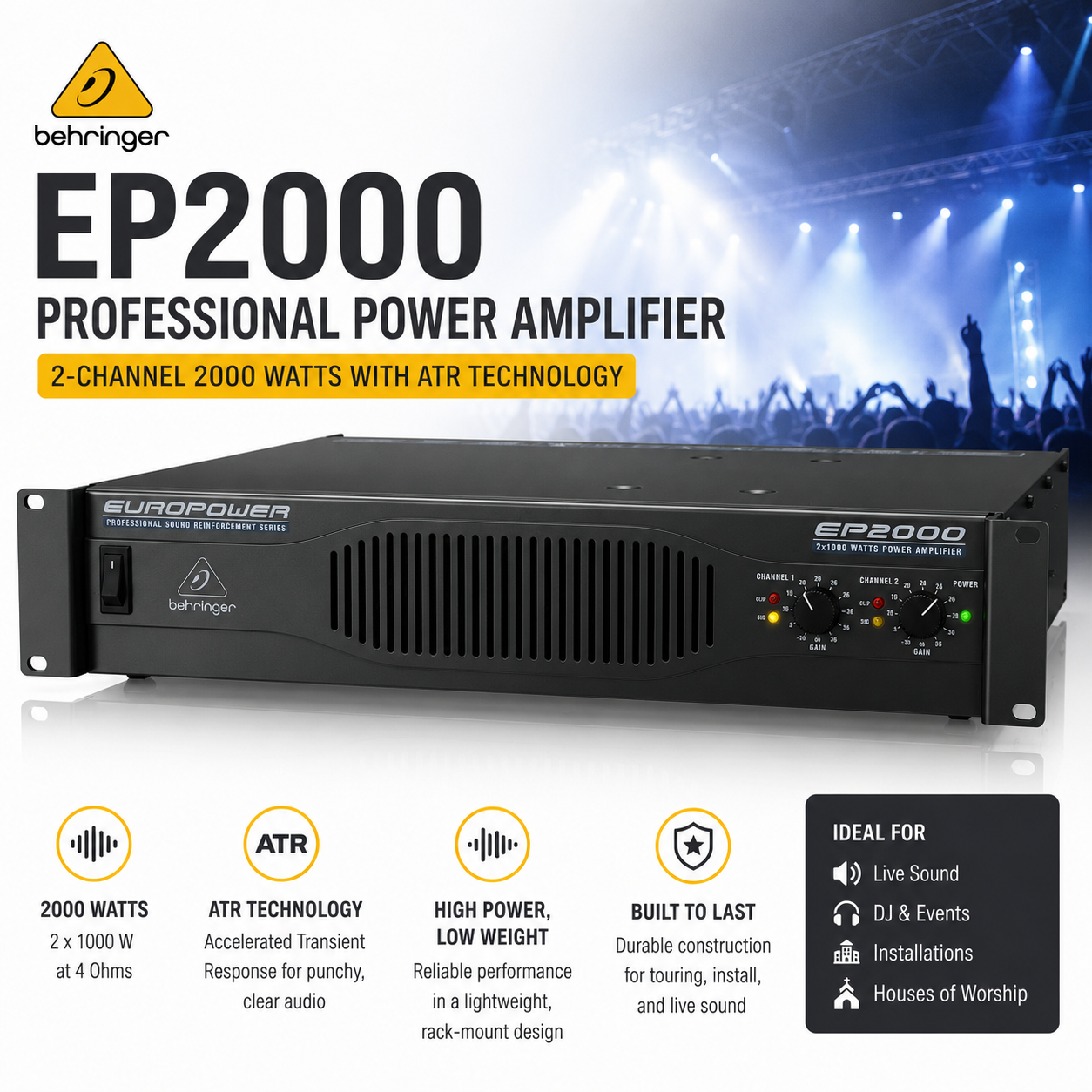 Behringer EP2000 – Professional 2-Channel 2000W Power Amplifier with ATR Technology