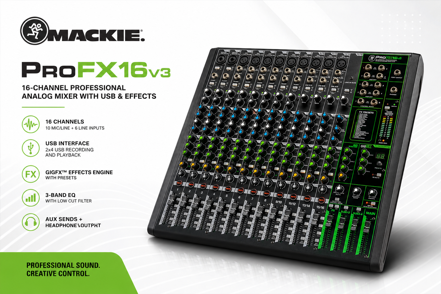 Mackie ProFX16v3 Pengadun Analog Profesional 16-Saluran dengan USB & Kesan GigFX