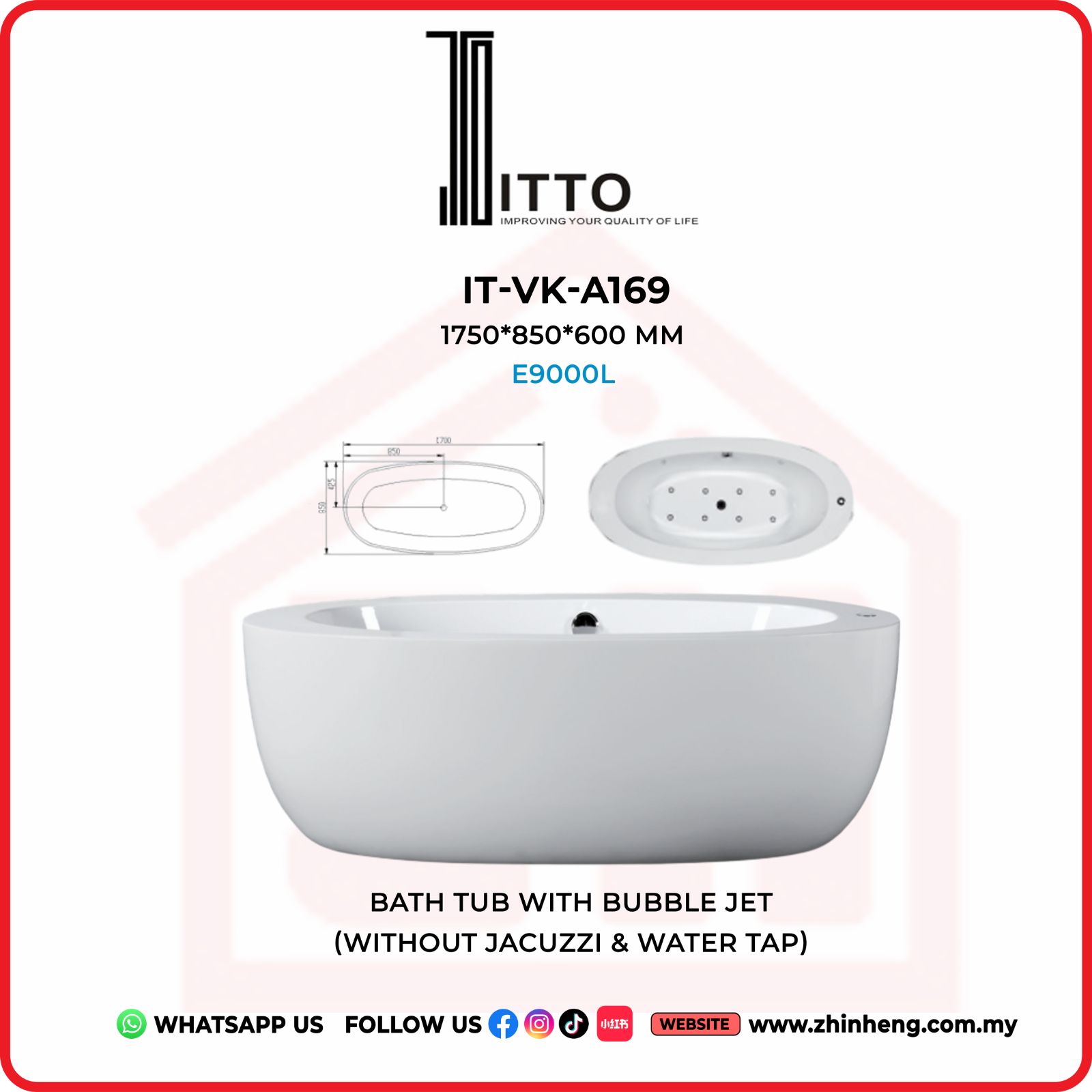 ITTO BATH TUB WITH BUBBLE JET  IT-VK-A169