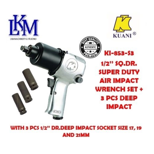 IMPACT WRENCH / AIR GUN BUKA TAYAR / KI-853-S3 1/2” SQ. DR. SUPER DUTY AIR IMPACT WRENCH SET + 3 PCS DEEP IMPACT SOCKET