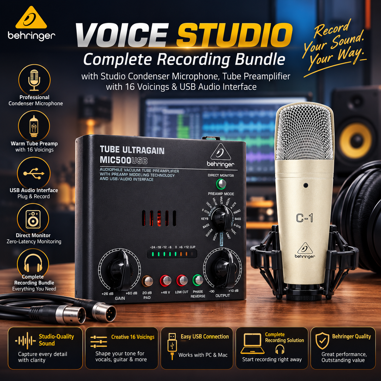 Behringer VOICE STUDIO – Complete Recording Bundle with Studio Condenser Microphone, Tube Preamplifier with 16 Voicings & USB Audio Interface