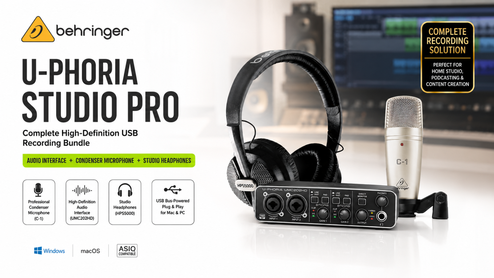 Behringer U-PHORIA STUDIO PRO – Complete High-Definition USB Recording Bundle with Audio Interface, Condenser Microphone & Studio Headphones