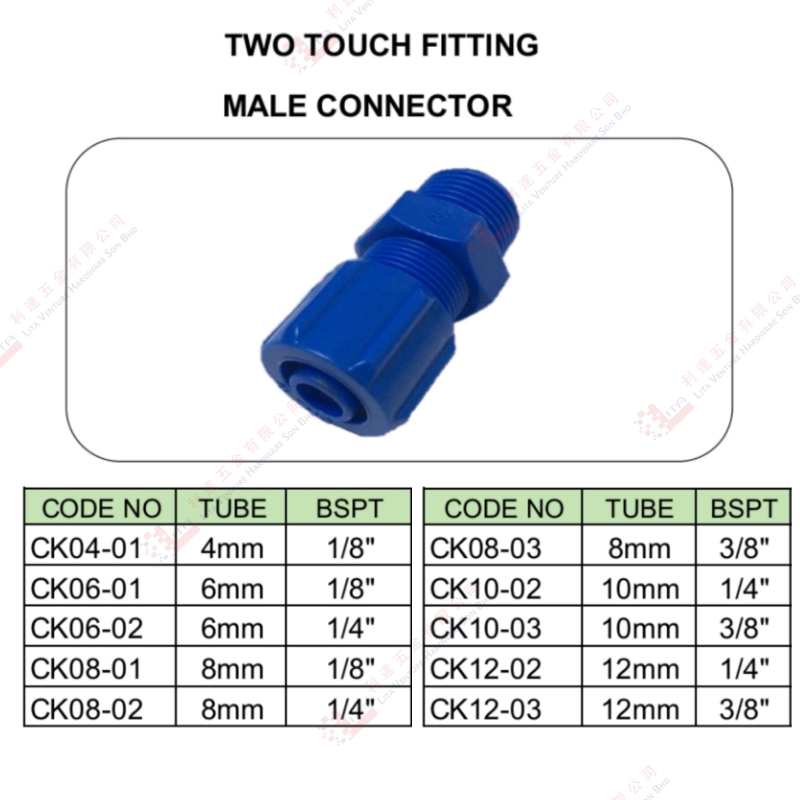 TWO TOUCH FITTING MALE CONNECTOR - CK0401 CK0601 CK0602 CK0801 CK0803 CK1002 CK1003 CK1202 CK1203