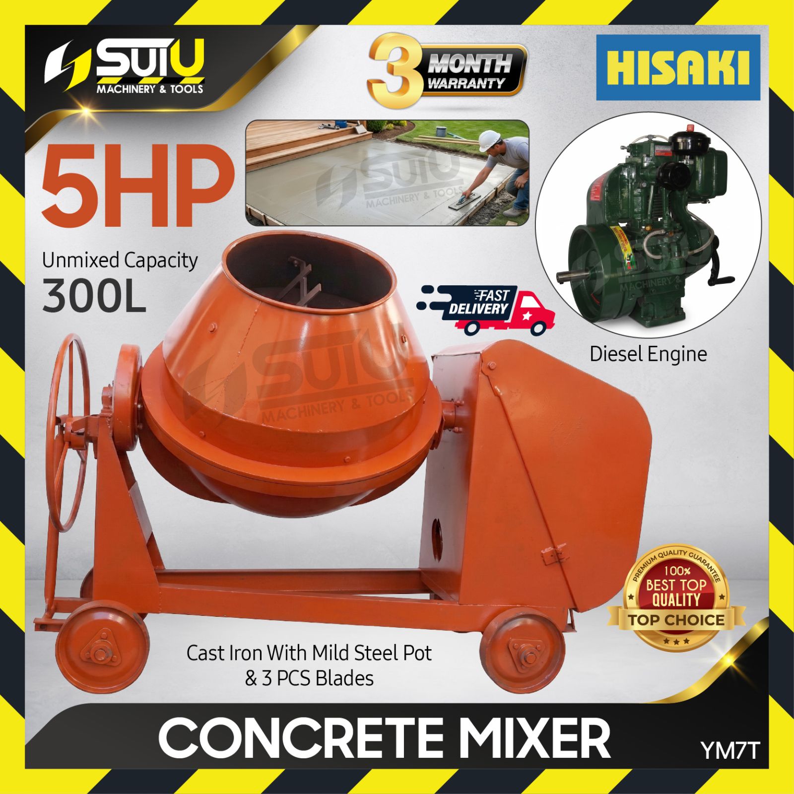 HISAKI YM7T 5HP 300L Concrete Mixer / Mixer Cement w/ Diesel Engine (6670)