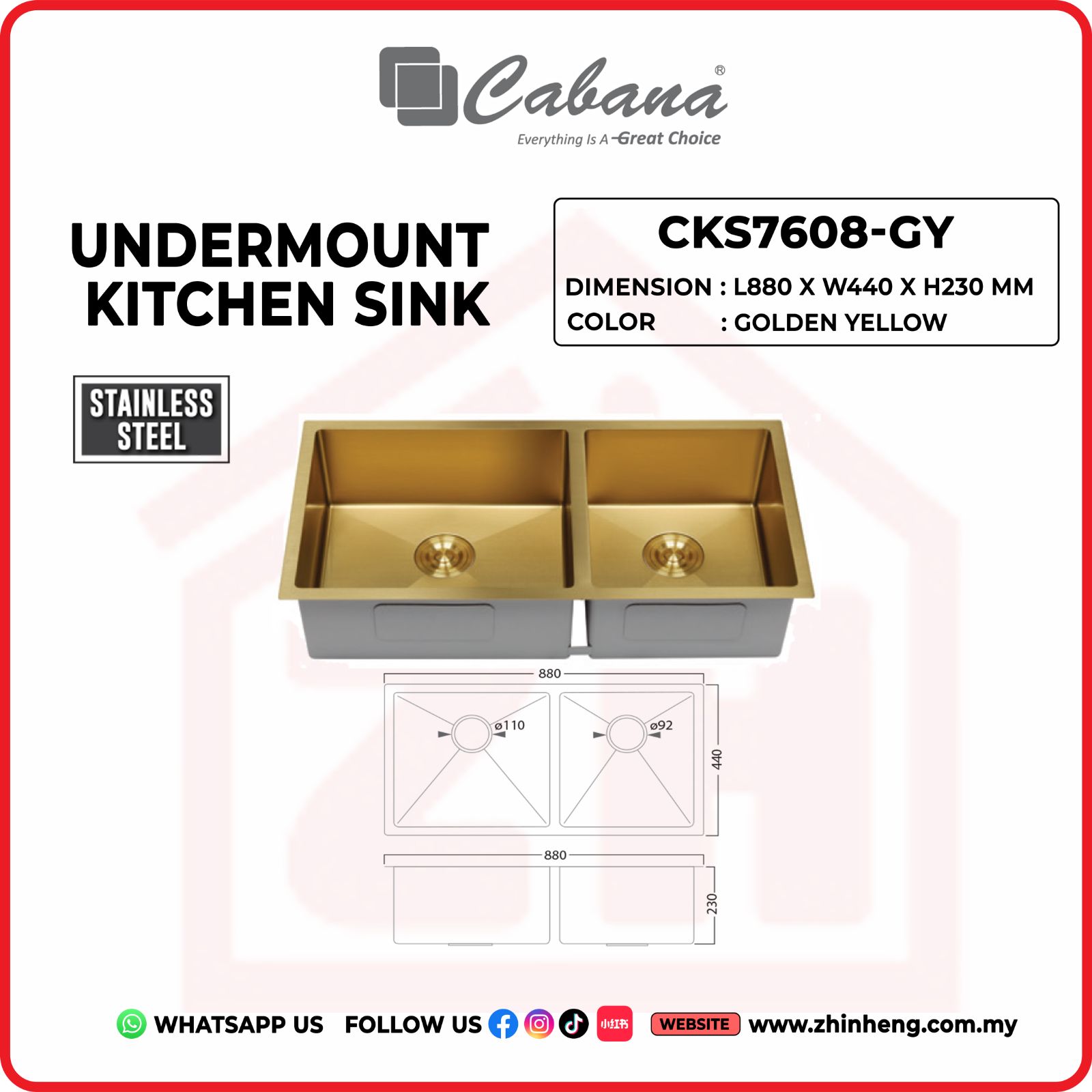 CABANA UNDERMOUNT KITCHEN SINK [DOUBLE BOWL] CKS7608-GY