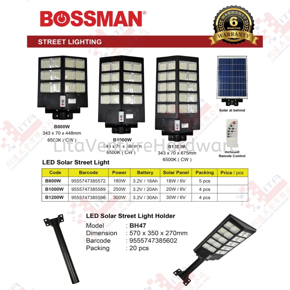 BOSSMAN BRAND LED SOLAR STREET LIGHT - B800W B1000W B1200W