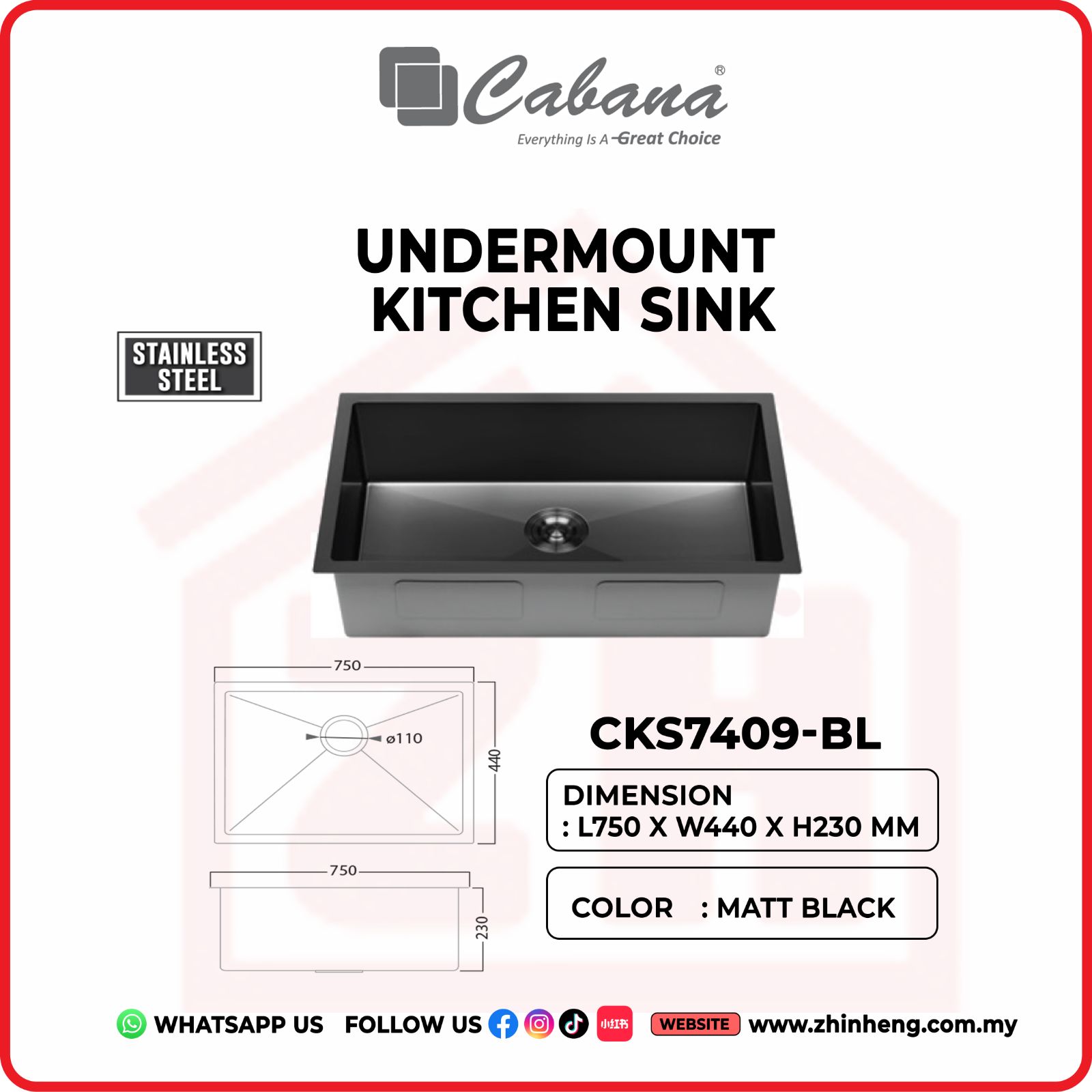CABANA UNDERMOUNT KITCHEN SINK [SINGLE BOWL] CKS7409-BL