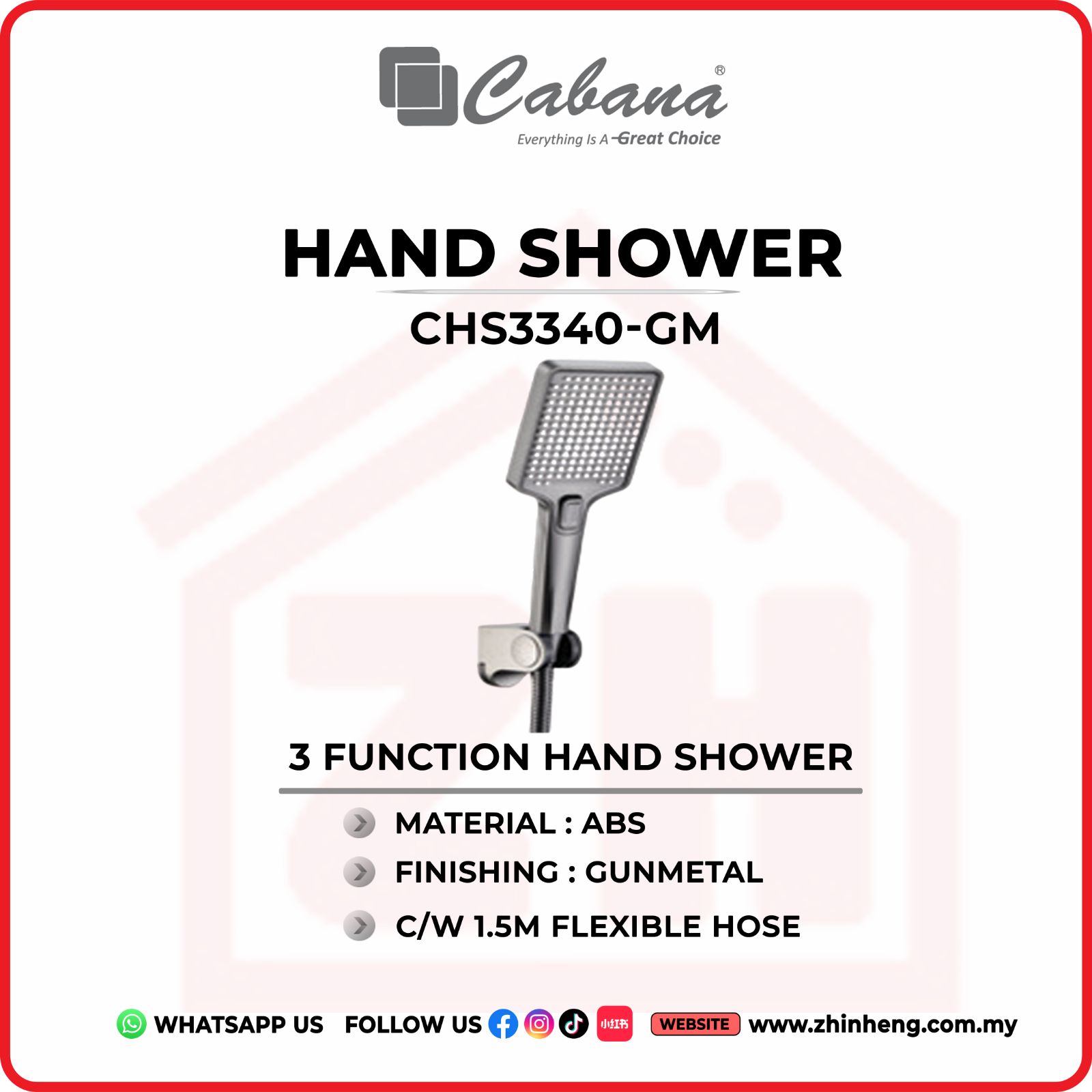 CABANA  3 FUNCTION HAND SHOWER C/W 1.5M FLEXIBLE HOSE CHS3340-GM