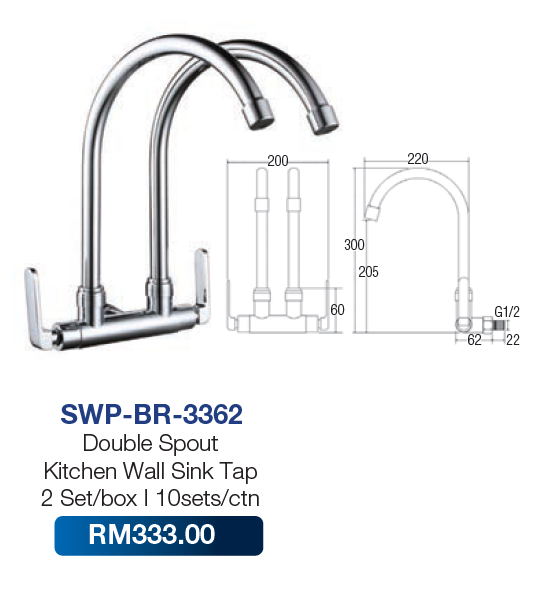 Saniware Double Spout Kitchen Wall Sink Tap 3362