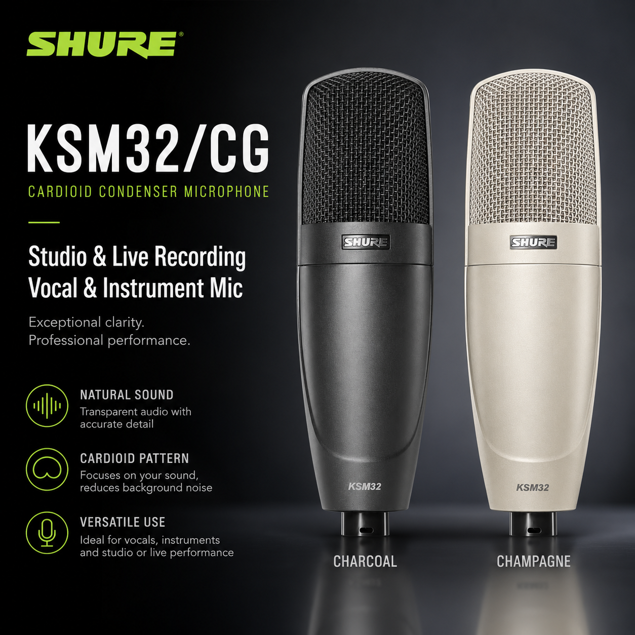 Shure KSM32/CG Cardioid Condenser Microphone (Charcoal / Champagne) – Studio & Live Recording Vocal & Instrument Mic