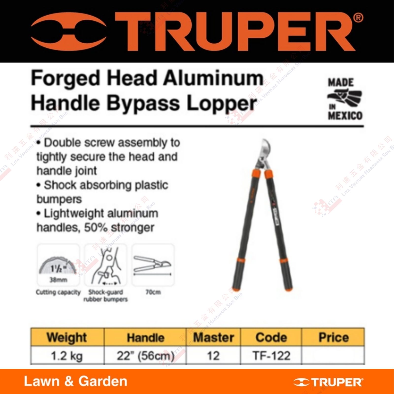 TRUPER BRAND FORGED HEAD ALIMINIUM HANDLES BYPASS LOPPER - TF122