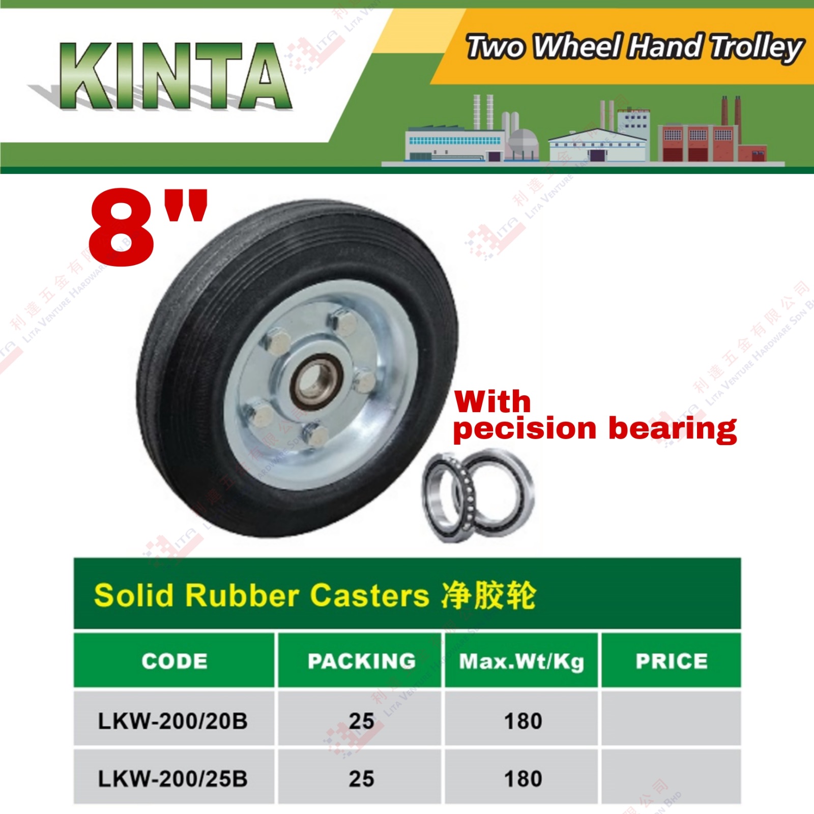 KINTA BRAND 8'' SOLID RUBBER CASTER - LKW200-20B LKW200-25B