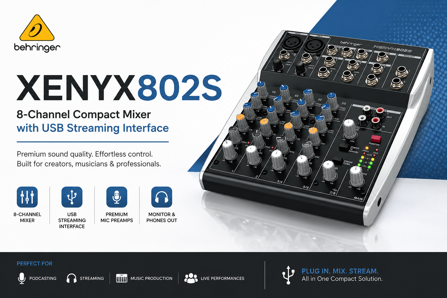 Behringer XENYX802S – Pengadun Kompak 8-Input dengan Antara Muka Penstriman USB untuk Studio & Rakaman