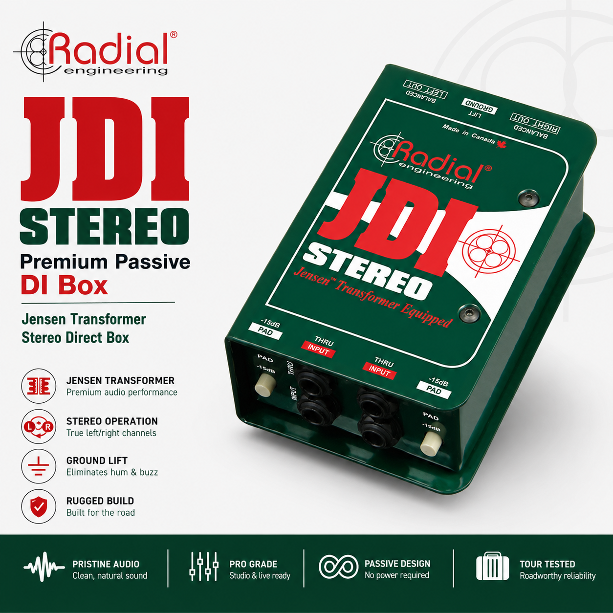 Radial Engineering JDI Stereo 高端无源立体声 DI 盒（搭载 Jensen 音频变压器）