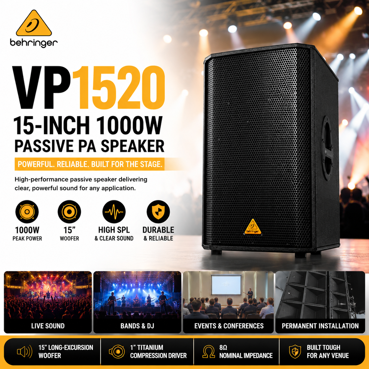 Behringer VP1520 – 15英寸1000W被动PA音箱，适用于现场扩声与舞台演出