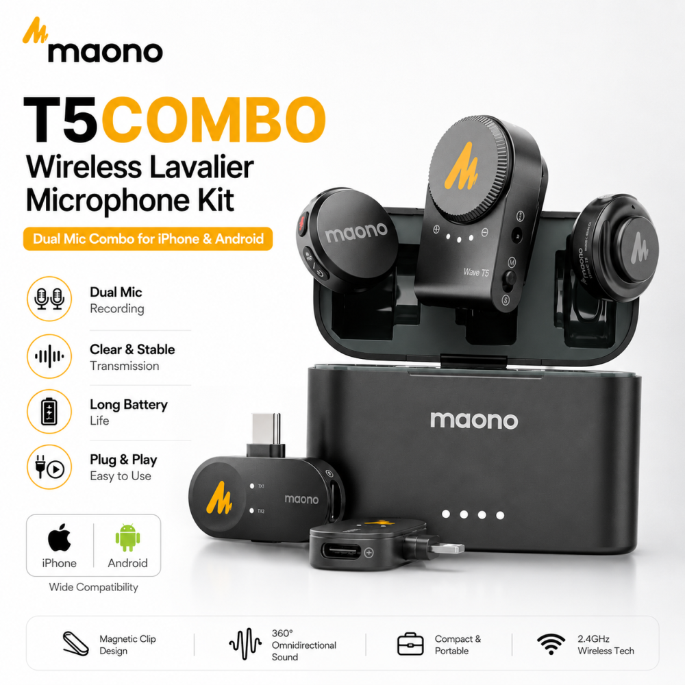 Maono T5COMBO Wireless Lavalier Microphone Kit – Dual Mic Combo for iPhone & Android