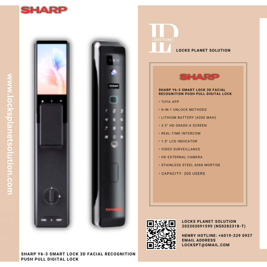 SHARP Y6-3 SMART LOCK 3D FACIAL RECOGNITION PUSH PULL DIGITAL LOCK