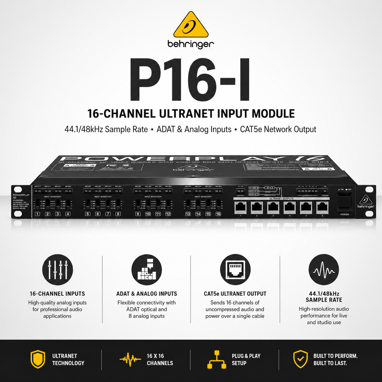 Behringer P16-I – 16通道ULTRANET输入模块，支持44.1/48kHz采样率、ADAT与模拟输入、CAT5e网络输出