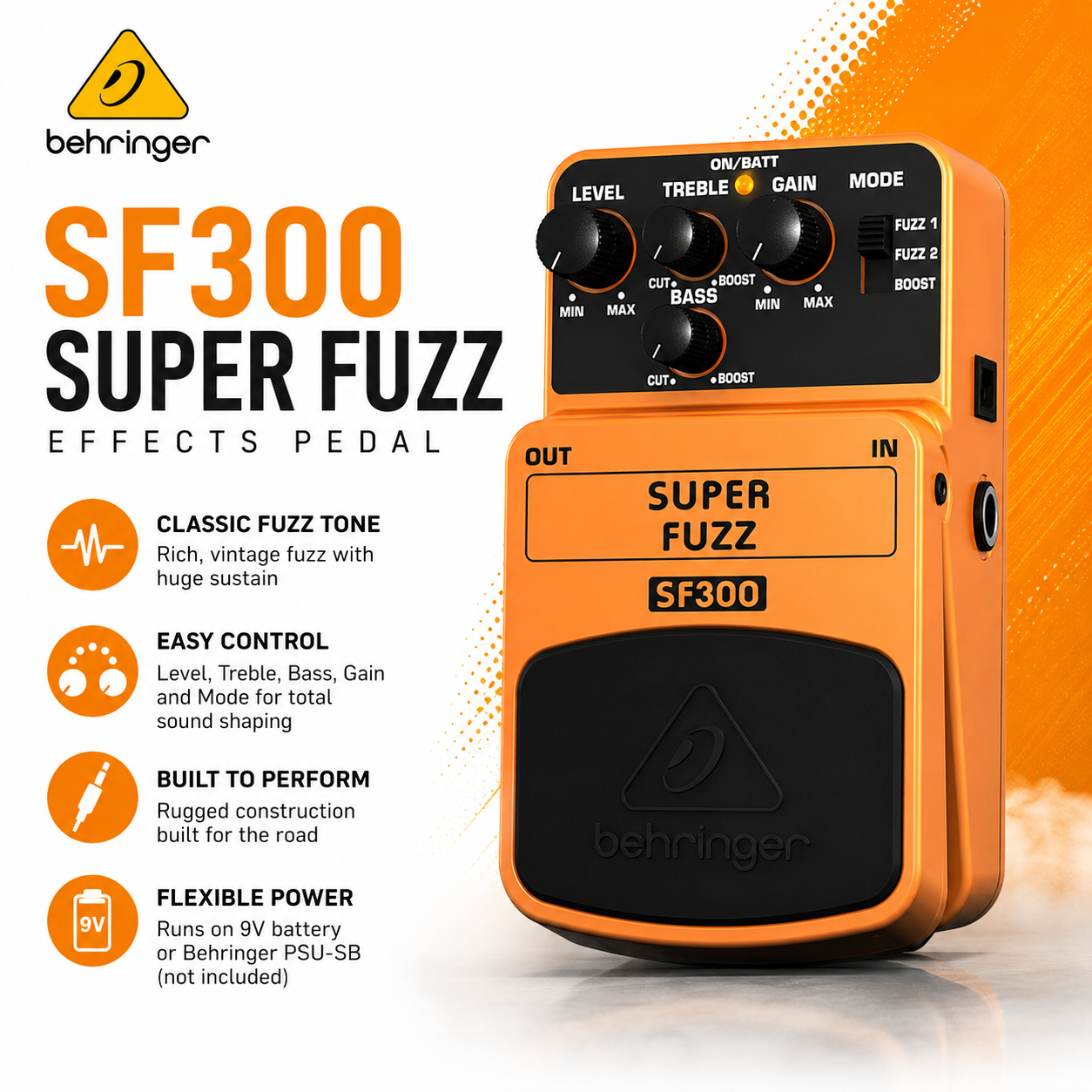 Behringer SF300 Super Fuzz Effects Pedal – Pedal Fuzz Analog Vintage untuk Gitar Elektrik dengan Mod Boost & Kawalan Gain