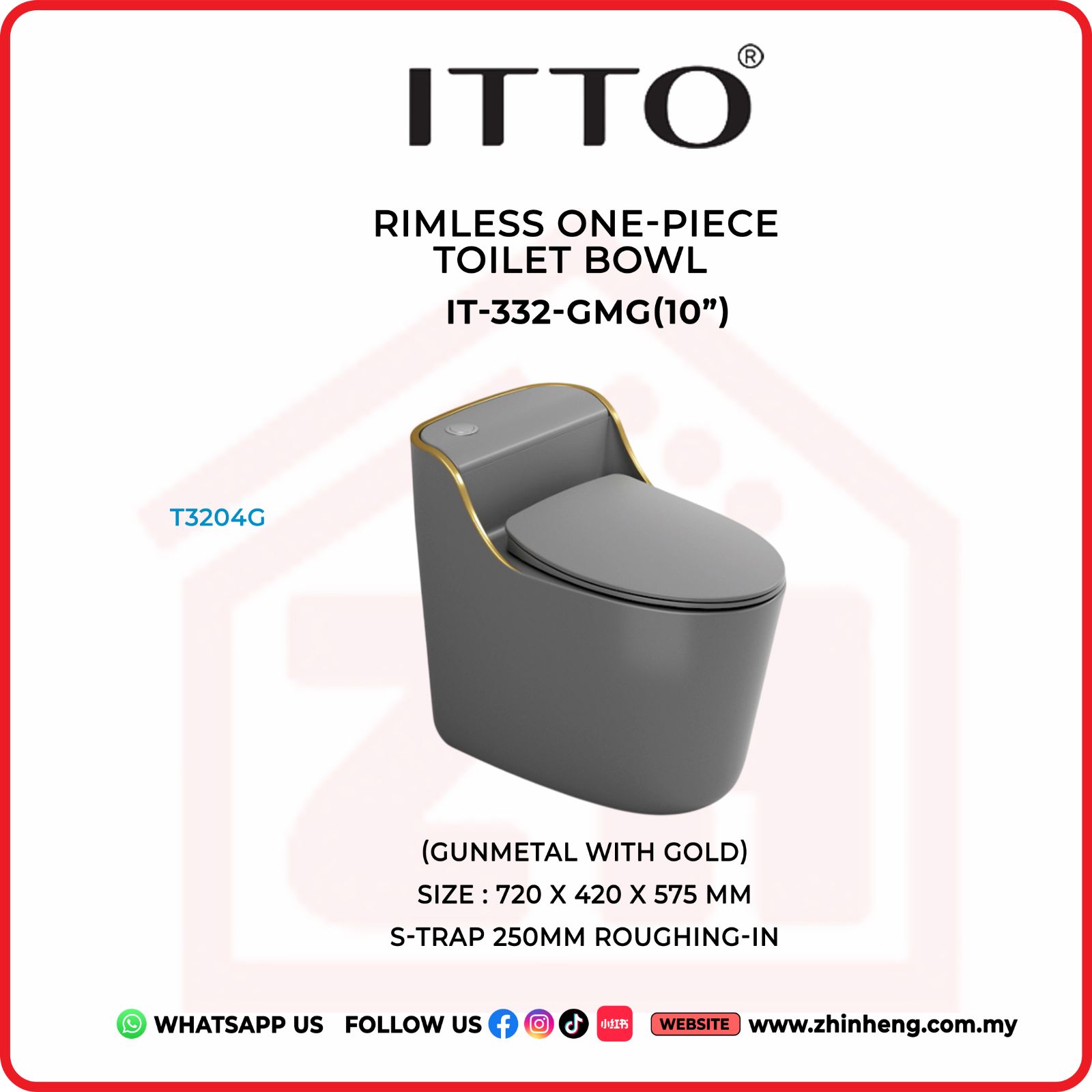 ITTO RIMLESS ONE PIECE TOILET BOWL  IT-332-GMG(10")