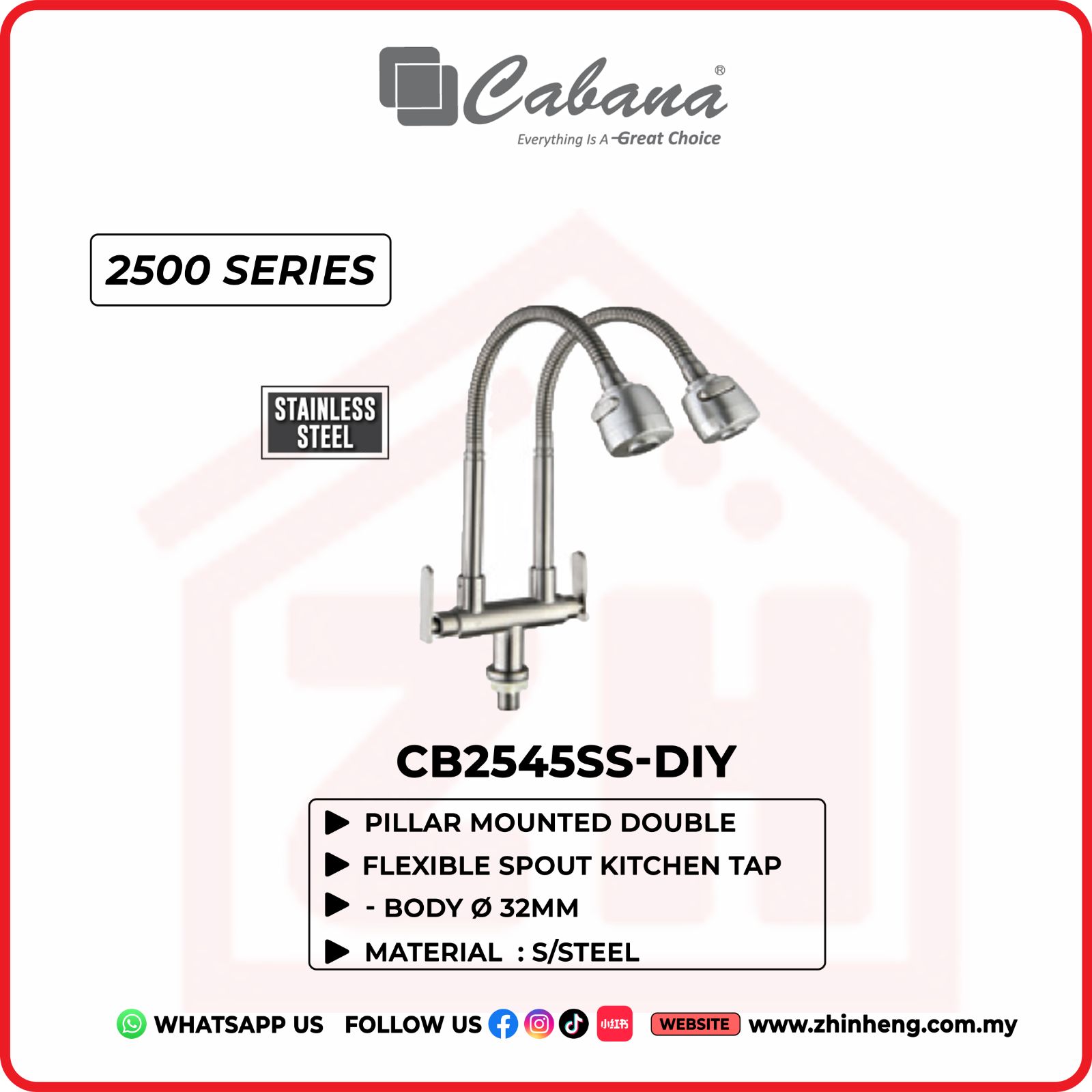 CABANA Pillar Mounted Double Flexible Spout Kitchen Tap CB2545SS-DIY