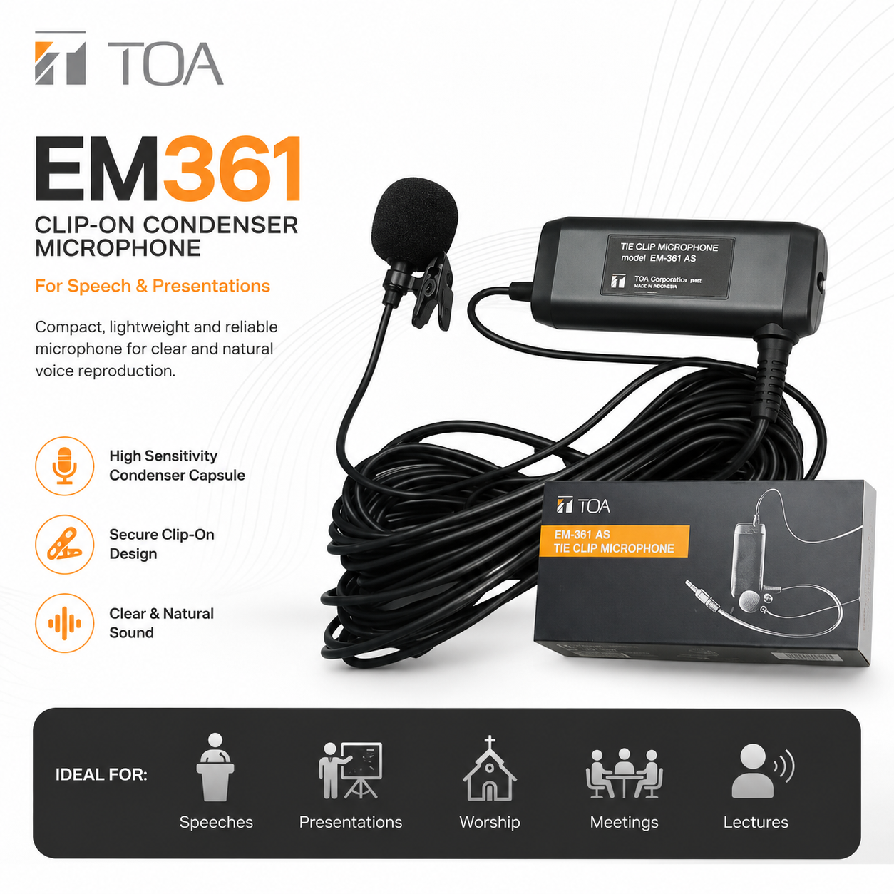 TOA EM361 Clip-On Condenser Microphone for Speech & Presentations