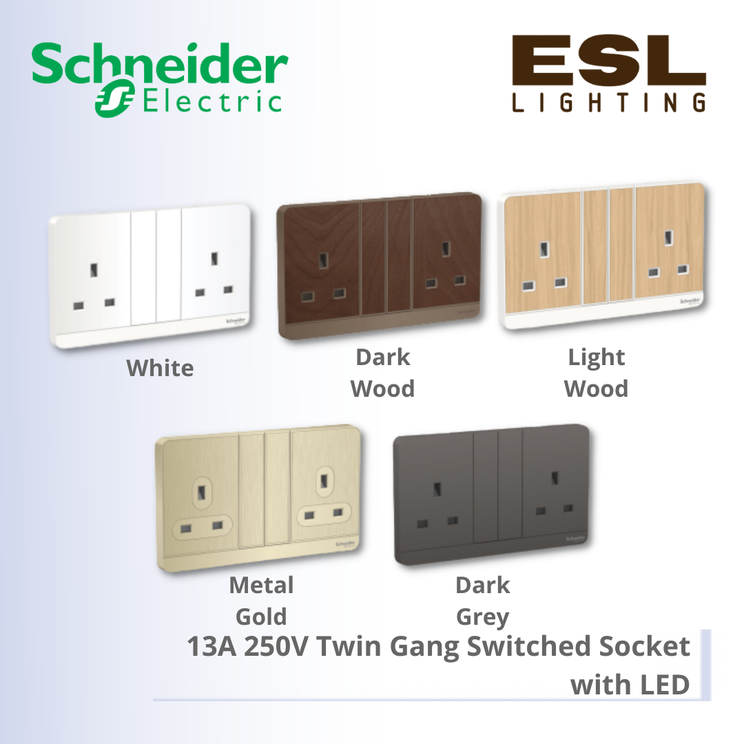 SCHNEIDER AvatarOn 13A 250V Twin Gang Switched Socket with LED - E83T25N_WE_G11 E83T25N_WD_G11 E83T25N_LW_G11 E83T25N_GH_G11 E83T25N_DG_G11