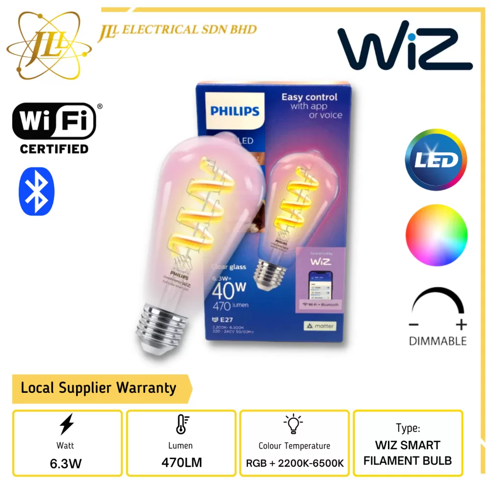 PHILIPS WIZ 6.3W 470LM E27 ST64 RGB+2200K-6500K DIMMABLE BLUETOOTH SMART LED FILAMENT CLEAR BULB