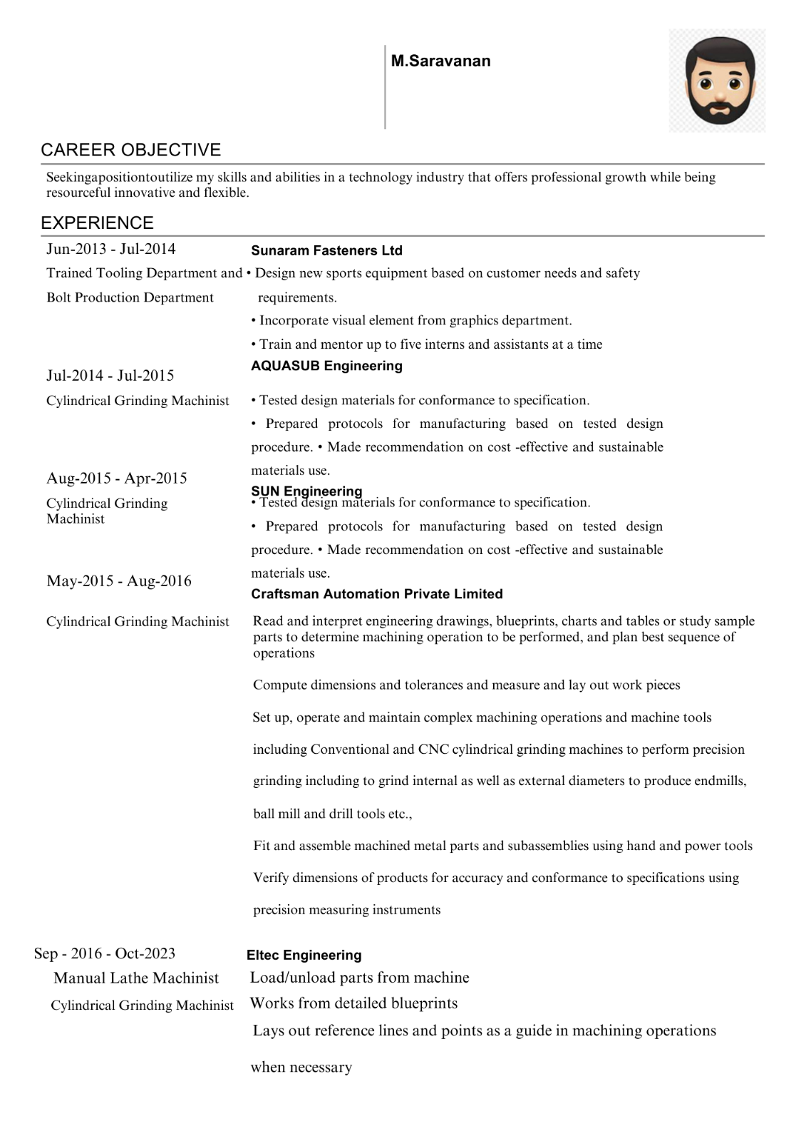 Cylindrical Grinding Machinist RESUME