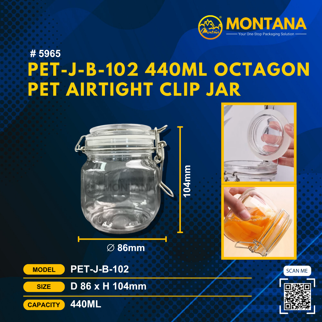 (5965) PET-J-B-102 440ML OCTAGON PET AIRTIGHT CLIP JAR