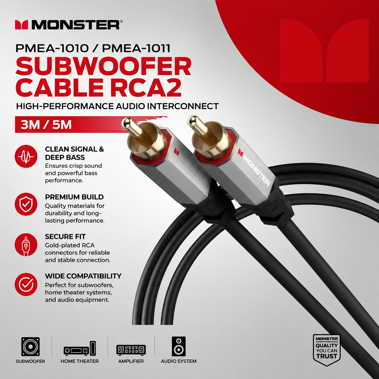 Monster PMEA-1010 / PMEA-1011 Kabel Subwoofer RCA2 – Kabel Audio Berprestasi Tinggi (3M / 5M)